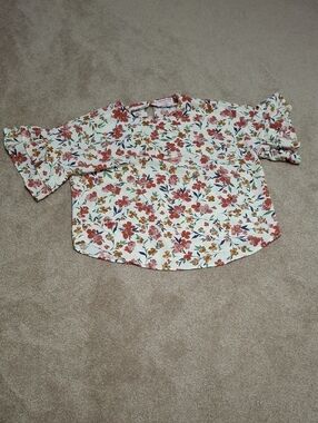 Floral Ruffle Sleeve Top - Cream with Coral & Mustard Flowers